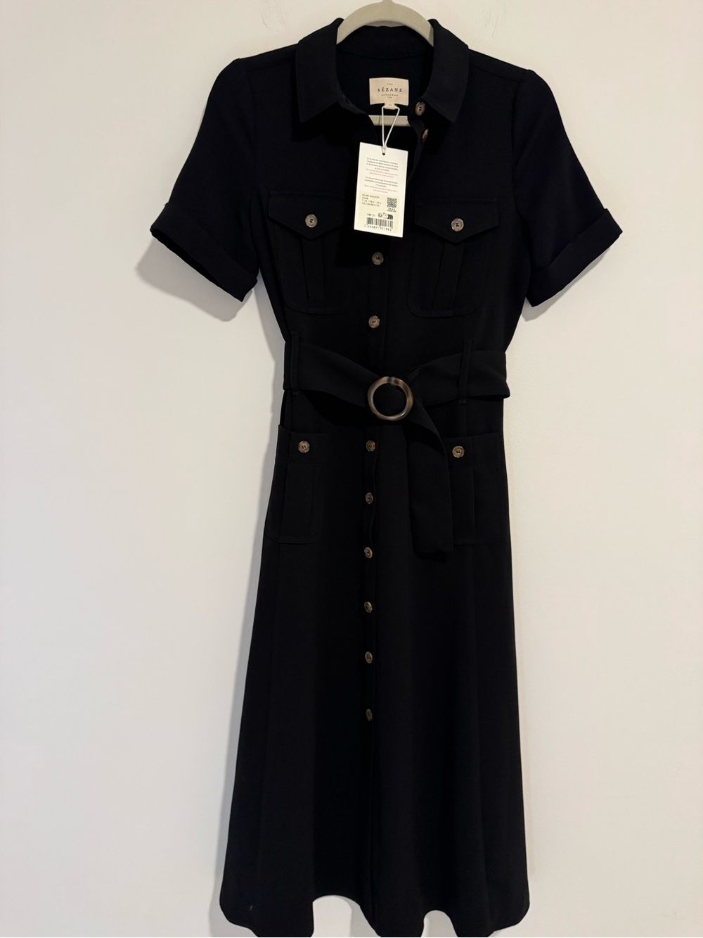 Sezane Black Button-Front Midi Dress with Belt - Picture 5 of 8